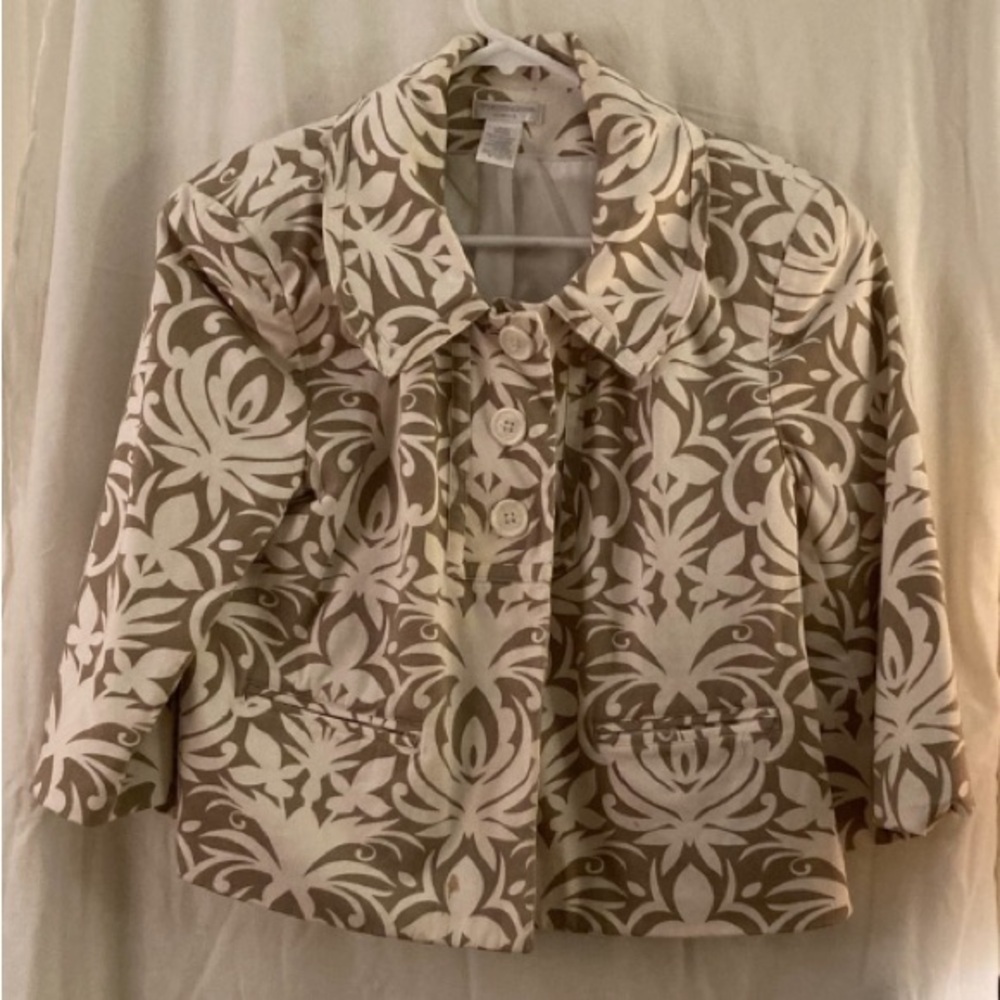 Worthington White & Tan Floral Print Three Button Short Crop Jacket Size Large
